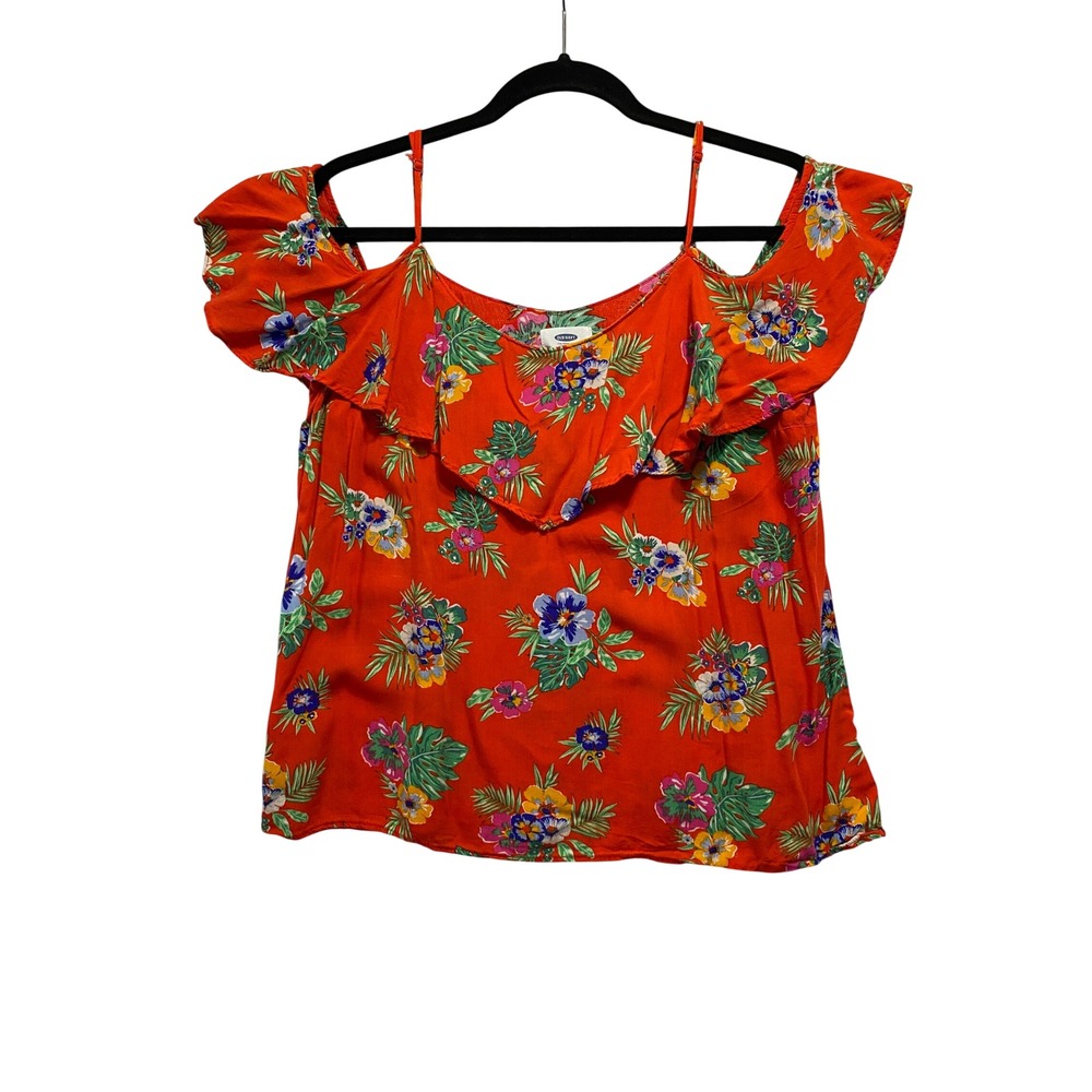Old Navy Cold Shoulder Top Women M Red Tropical Floral Ruffle Rayon Blouse Strap